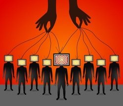 people with a TV instead of a head controlled by the hands of a puppeteer. the concept of the influence of the media and propaganda on a person's worldview. vector illustration. zombie tv