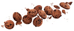 Falling broken chocolate chip cookies isolated on white background with clipping path, flying biscuits collection