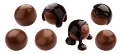 Homemade cocoa balls, dragee with melted chocolate. Whole isolated candies set. Luxury sweets with shiny brown icing on white background. Tasty gourmet confectionery collection