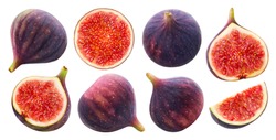 Fresh figs isolated on white background with clipping path, whole and half fruits collection