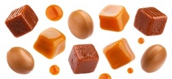 Toffee candy, caramel candies isolated on white background with clipping path, collection
