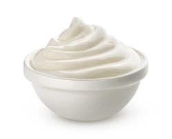 Swirl of sour cream in bowl isolated on white background with clipping path, fresh greek yogurt