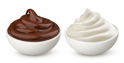 Chocolate cream and milk vanilla cream in bowl isolated on white background with clipping path, swirl of hazelnut paste