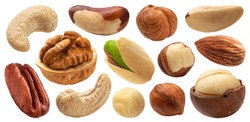 Different nuts collection, cashew, hazelnut, almond, brazil nut, walnut, peanut, pistachios, macadamia and pecan isolated on white background with clipping path