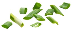 Falling green onion slices, fresh cut chives isolated on white background with clipping path