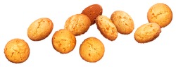 Chip cookies falling over white background, flying biscuits