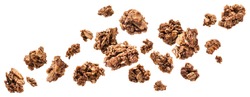 Falling chocolate granola, crunchy muesli isolated on white background with clipping path