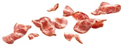 Sliced bacon isolated on white background, falling ham strips