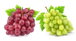 Red and green grape with leaves isolated on white background with clipping path. Studio shot. Collection