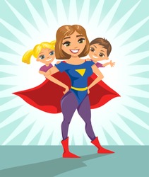 Super hero, super mom. Happy smiling super mother with her children. Vector illustration with isolated characters.
