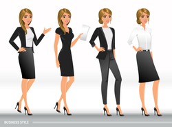 Elegant business women in formal clothes. Base wardrobe, feminine corporate dress code. Women in office clothes.Vector illustration with isolated characters.