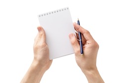 Male hands holding an open empty notebook and a pen. Man making notes or a to-do list. Isolated on white background.