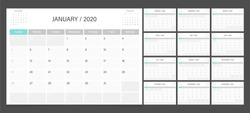 Calendar 2020. Week start Sunday corporate design planner template.
