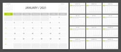 Calendar 2021 week start Sunday corporate design planner template.