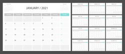 Calendar 2021 week start Monday corporate design planner template.