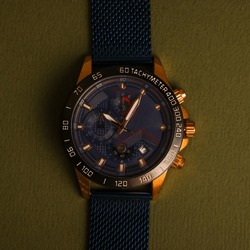 navy blue and gold tachymeter watch with navy blue strap set on a dark green background. moody atmosphere
