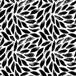 Black plant leaves vector seamless pattern. Hand drawn ink texture with abstract grunge leaves. Monochrome nature ornament for fabric, wrapping and textile. Silhouette of rough black painted herbs