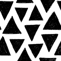 Seamless pattern with charcoal triangles. Hand drawn charcoal or chalk drawing with rough edges and dry texture. Vector black geometric background with various triangle shapes. Sketch design for print
