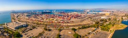 Aerial view of harbour cargo containers in Southern California port near the Long Beach district. LA.