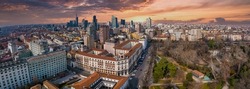 Milan skyline, Italy. Panorama of Milano city with the Porto Nuovo business district. Panoramic view of Milan in summer from above. Cityscape of Milan with the tall modern buildings.