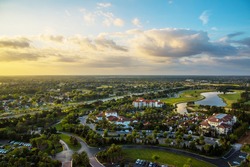 Gorgeous sunset aerial panoramic view of the Orlando, Florida
