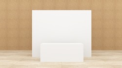 Indoor Registration DeskTable In Hotel or Reception Area, white and blank space for branding