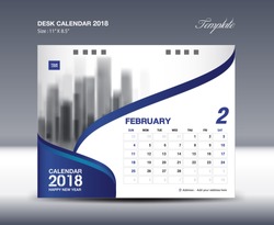 Calendar 2021 design, February, Desk Calendar 2018 Template flyer design vector, blue background
