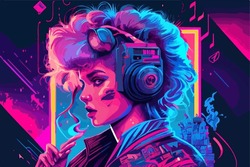 Beautiful girl in profile in headphones, 80's - 90's. Bright cartoon pop art retro vector illustration. Fashionable cover in the style of pop art