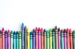 Crayons and pastels lined up isolated on white background with copy space