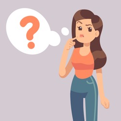 Cartoon young standing woman thinking with question mark in think bubble. Businesswoman thinks about problem vector illustration. Woman and question bubble thinking, expression and think problem