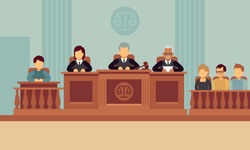 Courtroom interior with judges and lawyer. Justice and law vector concept. Justice and lawyer, court and jury illustration