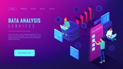 Data analysis services landing page isometric concept. Business anlyst, front end and beck end developers implementing features. Software development on ultraviolet background. Vector 3d illustration.