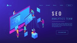Isometric IT specialists working with web pages and charts landing page. Seo analysis and optimization, seo strategies and marketing concept. Blue violet background. Vector 3d isometric illustration.