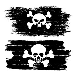 Black dirty pirate flags with skulls vector illustration isolated on white background