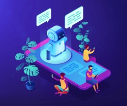 Users with digital gadgets sitting on smartphone screen and chatting with chatbot. Social media bots, messenger chat-bot, auto reply software concept. Ultraviolet neon vector isometric 3D illustration
