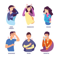 Flu symptoms. People demonstrating cold sickness. Fever cough, snot chills, dizziness. Vector characters for flu prevention poster