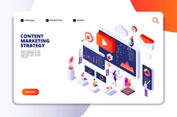Content marketing landing page. Contents creation specialist and article writers. Writing service isometric concept
