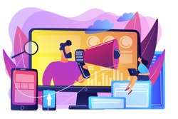Marketing strategists and content specialist with megaphone and digital devices. Digital marketing team, marketing team strategy concept. Bright vibrant violet vector isolated illustration