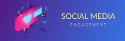 Social media specialists and analyst work with tablets and laptops and like. Social media engagement, in-platform messaging, SMM campaign concept. Isometric 3D banner header template copy space.