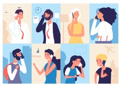 People talking phone. Men and women calling by telephone. Communication and conversation with smartphone vector characters set. Illustration of phone call, speaking social, talking and chatting