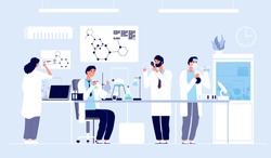 Scientists in lab. People in white coat, chemical researchers with laboratory equipment. Drug development cartoon vector concept. Illustration of scientist in laboratory, science experiment in lab