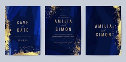Luxury Blue and Gold invite card, Vector invitation design with golden brush, Gold Powder and blue watercolor decoration style background design for wedding and cover design template.
