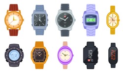 Wristwatch. Female digital smart clock. Isolated woman man elegant watches with fashion bracelets. Flat wrist watch vector illustration