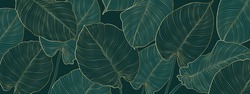 Luxury gold and nature green background vector. Floral pattern, Golden split-leaf Philodendron plant with monstera plant line arts, Vector illustration.