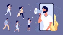 Marketing influence. Business influencer, mobile blogger with megaphone and fans. Flat buyers, strategy product promotion or info share in internet vector illustration