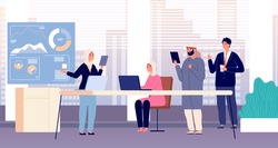 Office team. International business meeting, partners meeting. Arab workers, muslim women at work. Corporate teaching vector illustration