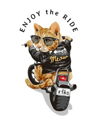 enjoy ride slogan with cute cat in sunglasses riding motorcycle illustration