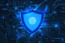 Cyber security. Online information protect, internet digital technology background. Save data, fingerprint on shield recent vector concept