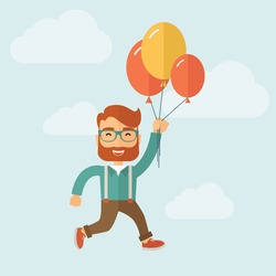 Young hipster with a beard is flying in blue sky holding group of colored balloons. Freedom concept. Vector flat design illustration. 