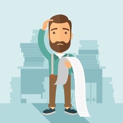 A sad hipster Caucasian man with beard standing holding a paper feels headache and worries about paying a lot of bills. Problem, worries concept. A contemporary style with pastel palette soft blue
